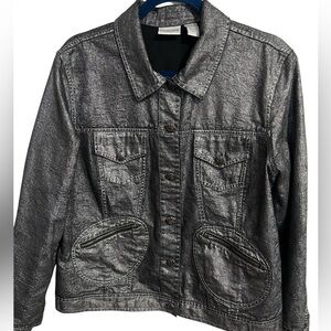 Chicos Metallic Silver Gray Moto Trucker Button Up Shirt Jacket XL
